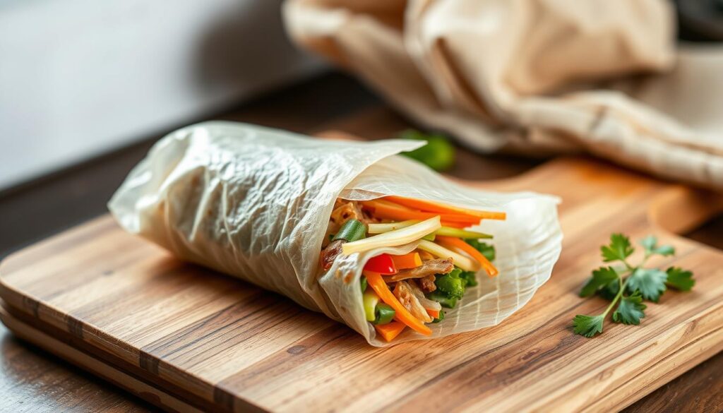 A fresh, halal-certified popiah sits on a wooden cutting board, its delicate wrapper gently unfurled to reveal a colorful array of crisp vegetables, savory fillings, and fragrant herbs. Soft lighting from the side casts a warm, natural glow, highlighting the intricate textures and vibrant colors. The popiah is presented in a simple, elegant composition, inviting the viewer to savor its flavors and appreciate the skilled preparation. The overall mood is one of artisanal craftsmanship and authentic Singaporean cuisine.