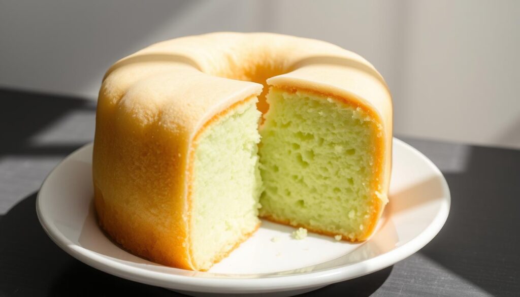 A freshly baked pandan chiffon cake resting on a white plate, with a soft, fluffy texture and a vibrant green hue from the pandan essence. The cake is sliced diagonally, revealing its delicate, airy interior, highlighting the intricate crumb structure. Soft, natural lighting filters through the scene, casting gentle shadows and accentuating the cake's delicate nature. The background is a clean, minimalist setting, allowing the cake to be the central focus, inviting the viewer to imagine its delicate flavor and moist, spongy goodness.