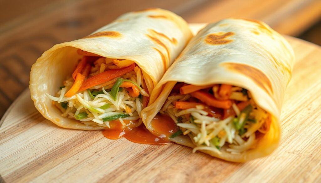 A freshly prepared thick skin popiah, its delicate pastry shell glistening under the warm, natural lighting. The filling is a vibrant medley of finely shredded vegetables, lively spices, and a savory sauce that gently oozes from the cross-section. The popiah is presented on a simple, rustic wooden board, allowing its handcrafted qualities to shine. The overall composition evokes a sense of artisanal craftsmanship and authentic Singaporean flavors, capturing the essence of the Ping Kee Popiah stall.
