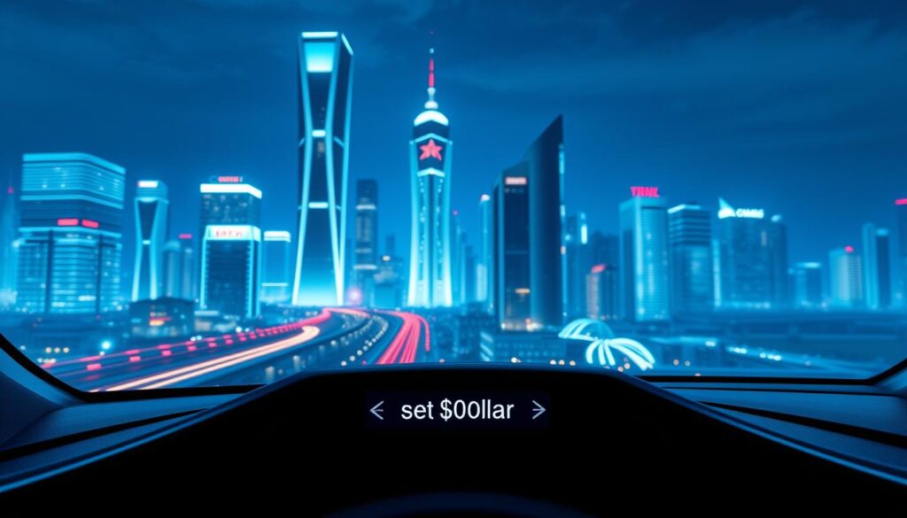 A futuristic city skyline in the background, with sleek high-rise buildings and a vibrant, neon-lit cityscape. In the foreground, a close-up of a digital dashboard display showing the "miles per dollar" metric, rendered in a clean, minimalist design with a soft, glowing interface. The lighting is cool-toned, creating a sense of technological advancement and efficiency. The camera angle is slightly elevated, giving an authoritative, bird's-eye view of the scene. The overall mood is one of progress, innovation, and the optimization of financial resources.