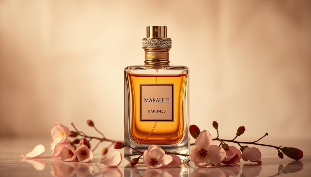 A glamorous, high-end woman's perfume bottle set against a soft, elegant backdrop. A luxurious glass flacon with an intricate, metallic cap and label design, reflecting warm studio lighting. The perfume itself appears as a rich, inviting liquid, casting an alluring glow. In the middle ground, delicate flower petals and leaves softly frame the bottle, hinting at the fragrance notes. The background is a subtly textured, neutral palette, allowing the perfume to take center stage as the focal point. An overall sense of sophistication, exclusivity and sensuality permeates the scene.