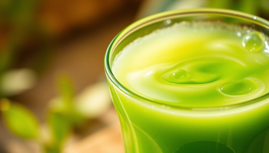 A glass container filled with fresh, vibrant green pandan juice, its translucent surface glistening under the warm, natural lighting. The juice is swirling gently, casting captivating reflections on the container's curved sides. Droplets of dew cling to the glass, adding a sense of refreshing coolness. The background is blurred, allowing the pandan juice to be the focal point, showcasing its pure, unadulterated essence. The composition highlights the juice's alluring color and inviting transparency, conveying the essence of what makes pandan an integral ingredient in the best Singaporean pandan cakes.