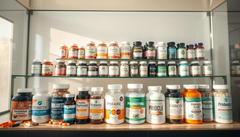 A glass display case filled with an assortment of probiotic supplements, each bottle showcasing its specific health benefits. Soft, natural lighting illuminates the products, creating a sense of warmth and wellness. The foreground features a variety of colorful capsules, powders, and liquids, each with distinct labeling and branding. In the middle ground, the shelves exhibit a diverse range of probiotic strains, catering to different dietary needs and digestive concerns. The background blurs into a clean, minimalist space, emphasizing the focus on the curated selection of probiotics. The overall atmosphere evokes a sense of trust, expertise, and a commitment to personalized gut health solutions.