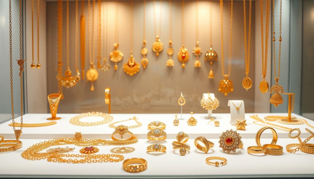 A gleaming golden display of exquisite jewelry, showcased in a sleek and modern online store. The foreground features a variety of intricate necklaces, bracelets, and rings, artfully arranged on a clean, white background. The middle ground highlights a selection of pendant designs, each one a masterpiece of craftsmanship. In the background, a subtle gradient of warm hues creates a sense of depth and sophistication, suggesting the high-end quality of the offerings. Soft, directional lighting accentuates the luster and brilliance of the gold, inviting the viewer to explore and discover their perfect piece. The overall composition exudes an air of luxury and elegance, perfectly capturing the essence of buying gold jewelry online in Singapore.