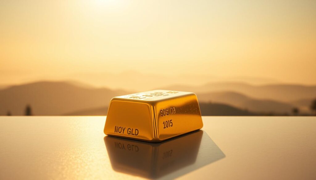 A gleaming golden ingot rests atop a sleek, reflective surface, casting a warm glow across the frame. In the background, a serene landscape of rolling hills and a hazy sky, bathed in a soft golden light, creates an atmosphere of tranquility and prosperity. The image is captured with a wide-angle lens, allowing the viewer to fully appreciate the scale and grandeur of the golden investment. The lighting is carefully crafted, with subtle highlights and shadows that accentuate the metal's luster and depth. The overall mood evokes a sense of financial security, stability, and the timeless value of precious metals as a long-term investment.