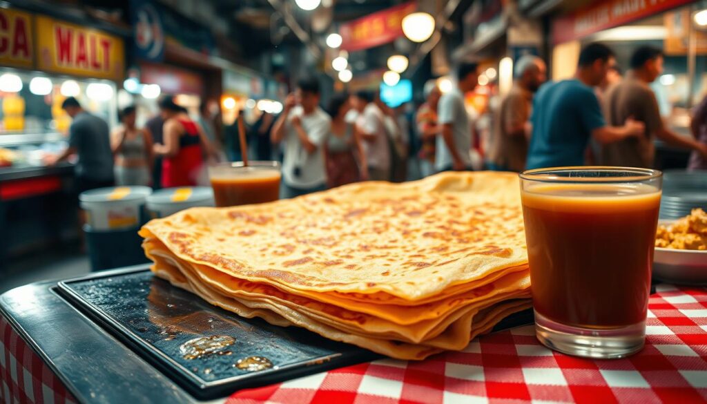 A golden-brown roti prata, sizzling fresh off the griddle, resting on a vibrant red-and-white checked table cloth in a bustling Singapore hawker center. Steam rises from the flaky, layered flatbread, inviting a closer look. In the background, the lively atmosphere of the market comes into focus - vendors calling out their wares, the chatter of locals enjoying their favorite treats. Warm, directional lighting casts a cozy glow, highlighting the prata's intricate folds and crisp edges. A glass of cold teh tarik, the classic Singaporean milk tea, sits nearby, ready to complement the savory delight. This quintessential Singaporean street food scene captures the authentic flavors and vibrant culture of the Lion City.