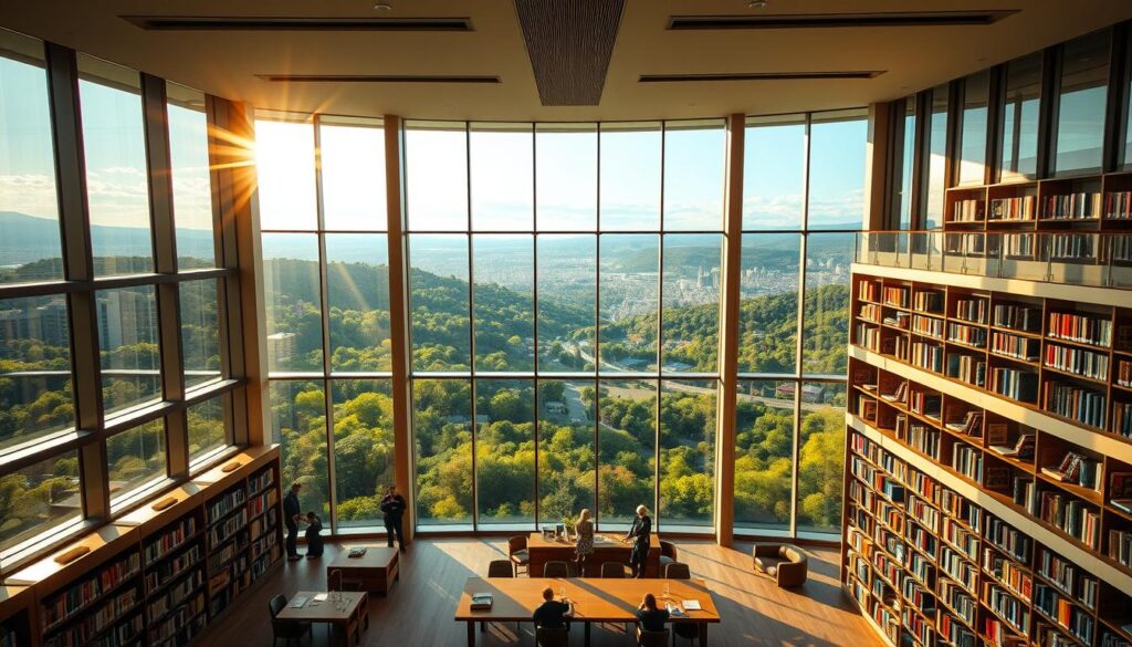 A grand library with floor-to-ceiling windows, offering breathtaking panoramic views of a lush, verdant cityscape. The sunlight streams in, casting a warm, golden glow over the rows of bookshelves and reading nooks. Sleek, modern architecture blends seamlessly with the natural landscape, creating a serene and inspiring atmosphere. Patrons are immersed in the tranquility, their faces lit by the soft, ambient lighting as they lose themselves in the pages of a book. A striking and harmonious fusion of knowledge, culture, and natural beauty. A grand library with floor-to-ceiling windows, offering breathtaking panoramic views of a lush, verdant cityscape. The sunlight streams in, casting a warm, golden glow over the rows of bookshelves and reading nooks. Sleek, modern architecture blends seamlessly with the natural landscape, creating a serene and inspiring atmosphere. Patrons are immersed in the tranquility, their faces lit by the soft, ambient lighting as they lose themselves in the pages of a book. A striking and harmonious fusion of knowledge, culture, and natural beauty.