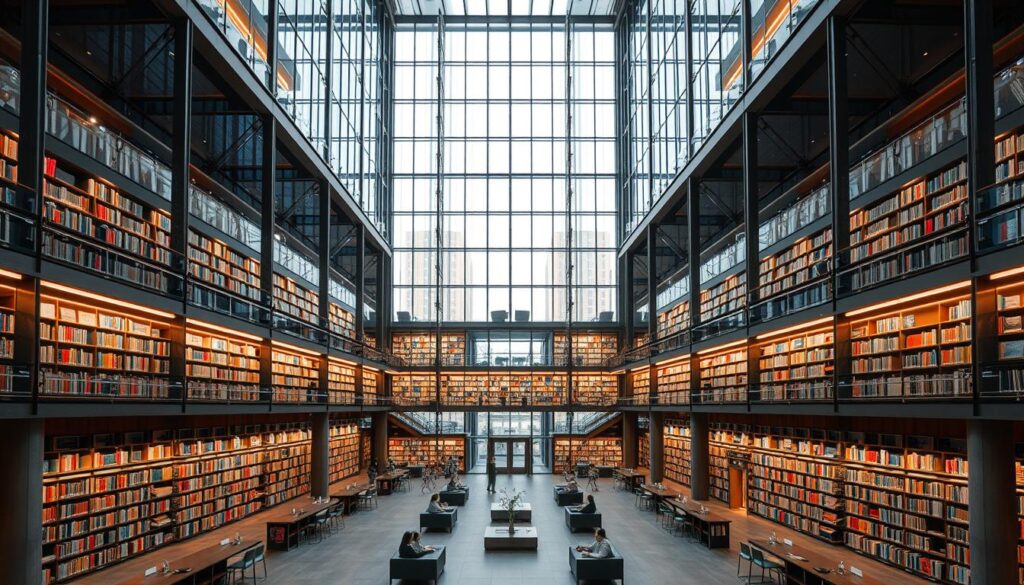 A grand, modern library with sleek, minimalist architecture. Towering glass walls flood the interior with natural light, casting a warm glow on the rows of bookshelves. Elegant, geometric shapes in steel and concrete define the structure, creating a sense of clean, functional design. Comfortable seating areas are strategically placed, inviting visitors to settle in and lose themselves in the pages. The atmosphere is one of quiet contemplation, where knowledge and discovery coexist in perfect harmony. An expansive central atrium acts as the heart of the building, its open layout encouraging exploration and interconnectivity. This is a library that seamlessly blends form and function, creating a truly inspiring space for the modern reader. A grand, modern library with sleek, minimalist architecture. Towering glass walls flood the interior with natural light, casting a warm glow on the rows of bookshelves. Elegant, geometric shapes in steel and concrete define the structure, creating a sense of clean, functional design. Comfortable seating areas are strategically placed, inviting visitors to settle in and lose themselves in the pages. The atmosphere is one of quiet contemplation, where knowledge and discovery coexist in perfect harmony. An expansive central atrium acts as the heart of the building, its open layout encouraging exploration and interconnectivity. This is a library that seamlessly blends form and function, creating a truly inspiring space for the modern reader.