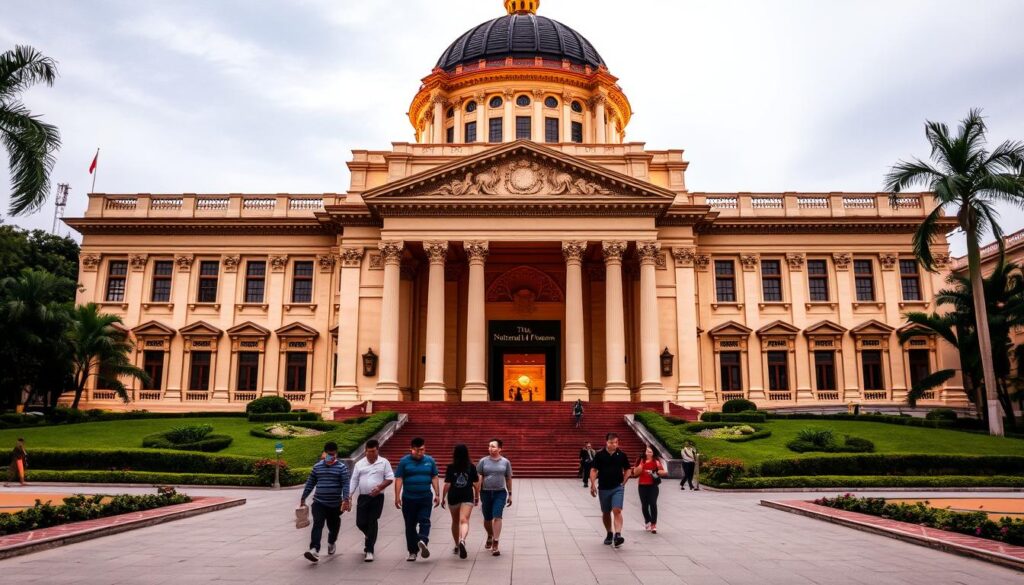 A grand, neo-classical building stands tall, its facade adorned with intricate carvings and ornate columns. The central dome rises majestically, casting a warm glow over the manicured gardens that surround it. In the foreground, people stroll along the paved walkways, captivated by the museum's timeless elegance. Through the grand entrance, one can glimpse the rich cultural tapestry of Singapore, a journey through its history and heritage. Soft, diffused lighting illuminates the scene, creating a sense of timelessness and reverence. This is the National Museum of Singapore, a beacon of the nation's proud identity, captured in a moment of tranquil contemplation.