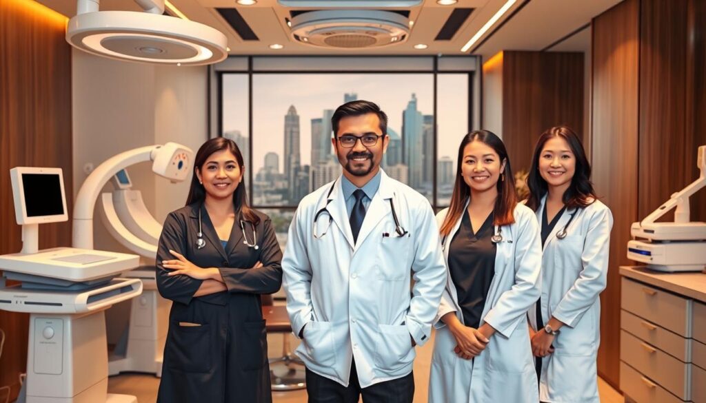 A group of experienced pediatricians in professional attire standing confidently in a modern, well-equipped medical clinic. Warm, soft lighting illuminates their expressions of compassion and expertise. The doctors are positioned in the foreground, surrounded by state-of-the-art medical equipment and sleek, contemporary furnishings in the middle ground. The background features a cityscape of Singapore's iconic high-rises, conveying a sense of the clinic's location within the vibrant, thriving metropolis. The overall atmosphere exudes professionalism, competence, and a dedication to providing exceptional pediatric care.