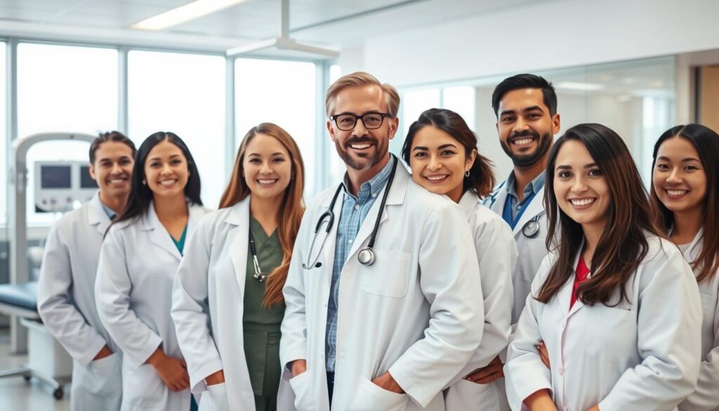 A group of professional and caring paediatricians standing in a modern, well-equipped medical clinic. The doctors are dressed in pristine white coats, with warm smiles on their faces, exuding expertise and compassion. The clinic's interior is bright and airy, with large windows allowing natural light to flood the space. Medical equipment, such as examination tables and state-of-the-art diagnostic tools, are visible in the background, creating a sense of a comprehensive, high-quality healthcare facility. The overall atmosphere conveys the doctors' dedication to providing exceptional paediatric care services to the community.