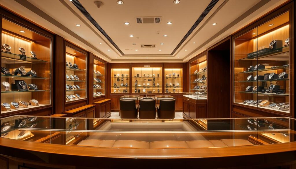 A high-end watch showroom in downtown Singapore, bathed in warm, diffused lighting. Rows of gleaming watch cabinets display the city's most prestigious timepiece brands - Rolex, Omega, Patek Philippe, Cartier, and Breitling, among others. The scene exudes an atmosphere of refined luxury, with polished wood accents and plush leather seating inviting discerning customers to browse the exceptional craftsmanship on offer. Reflections of the displayed watches dance across the glossy surfaces, highlighting the intricate details and precise engineering that define these iconic luxury brands. The overall impression is one of timeless elegance and horological excellence, capturing the essence of Singapore's thriving high-end watch culture.