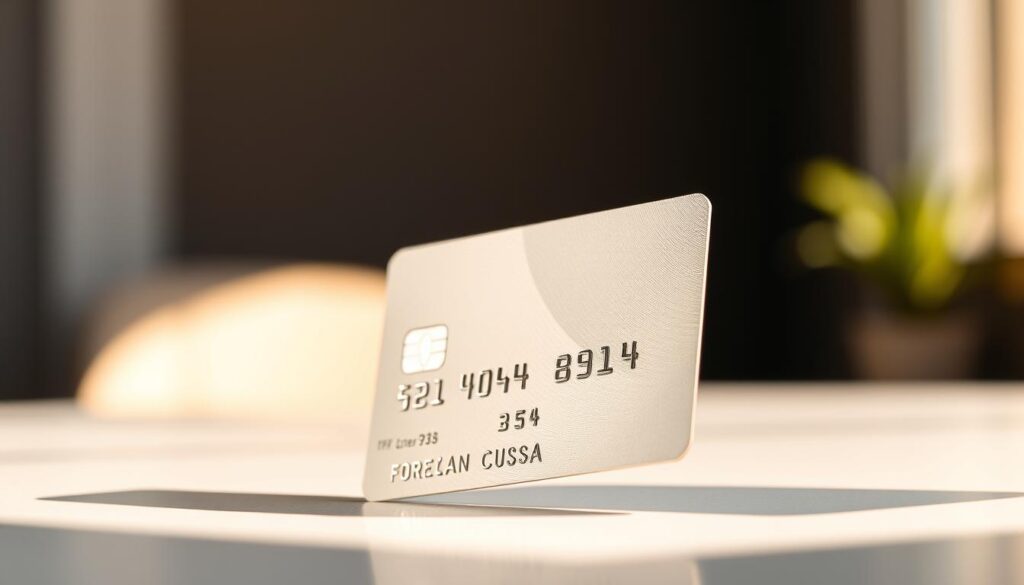 A high-quality, close-up photograph of a foreign currency credit card against a blurred, out-of-focus background. The card is placed on a clean, minimalist surface, such as a white or grey table or desk. The card is angled slightly, showcasing its sleek design and embossed details. Warm, natural lighting illuminates the card, creating subtle shadows and highlights that accentuate its texture and metallic elements. The image conveys a sense of premium quality and international travel, without any distracting elements or text.