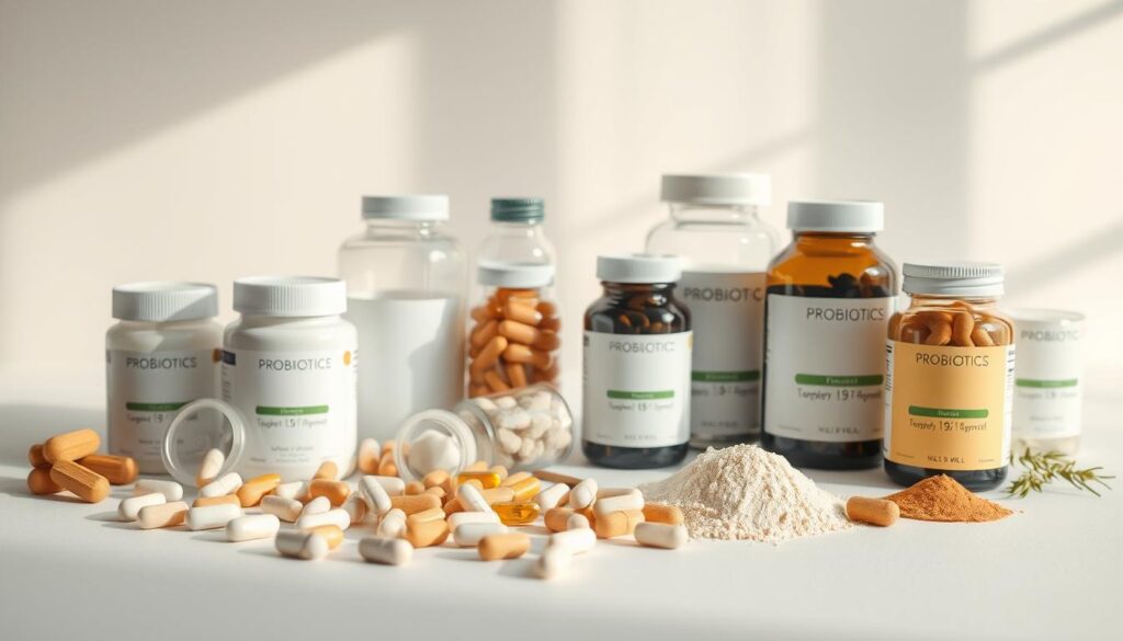 A high-quality, elegantly arranged still life of various probiotic supplements, captured in soft, diffused natural light. In the foreground, an assortment of probiotic capsules, tablets, and powders are displayed on a minimalist, matte white surface. The middle ground features clean glass jars and bottles, showcasing the different probiotic strains and formulations. The background gently fades into a soothing, pastel-colored backdrop, creating a sense of calm and wellness. The composition is balanced, with a focus on the natural, unprocessed appearance of the supplements, conveying their purity and efficacy.