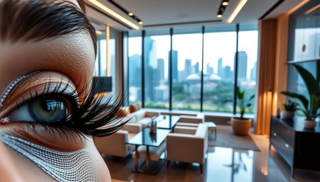 A high-quality, hyper-realistic image of the Dreamlash Korea lash studio, showcasing its elegant interior design and attention to detail. The foreground features a close-up view of a model's perfectly curled, lush eyelashes, highlighting the studio's expertise in lash extensions. The middle ground showcases the sleek, minimalist decor of the studio, with soft lighting, modern furniture, and a serene ambiance. The background depicts the cityscape of Singapore, with skyscrapers and lush greenery, conveying a sense of urban sophistication. The overall mood is one of tranquility, luxury, and the pursuit of beauty.