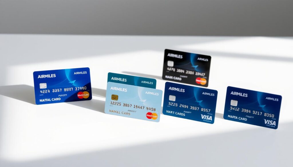A high-quality photograph of the top AirMiles credit cards in Singapore, shot with a professional-grade camera and a wide-angle lens. The cards are displayed on a sleek, minimalist surface, arranged in an organized and visually appealing manner. Soft, directional lighting casts subtle shadows, accentuating the details and branding of each card. The background is a clean, uncluttered space, allowing the credit cards to be the central focus. The overall mood is one of sophistication and financial savvy, reflecting the high-value nature of AirMiles credit cards in the Singaporean market.