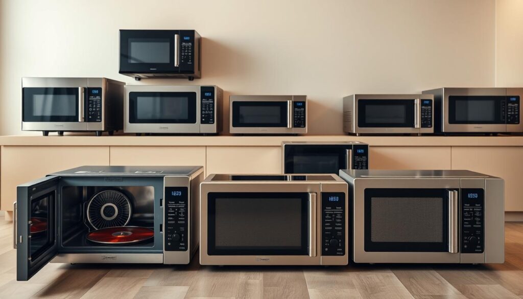 A high-quality, well-lit studio photograph showcasing a variety of contemporary microwave oven models in various shapes, sizes, and colors. The foreground features several open-door microwave ovens displaying their interiors, highlighting features like turntables, cooking presets, and digital displays. The middle ground shows a selection of countertop microwave ovens in sleek, minimalist designs. The background subtly suggests a modern kitchen setting, with clean lines and warm, neutral tones to create a cohesive, professional-looking scene. The overall mood is one of informative, product-focused clarity, allowing the different types of microwaves to be clearly and attractively presented.