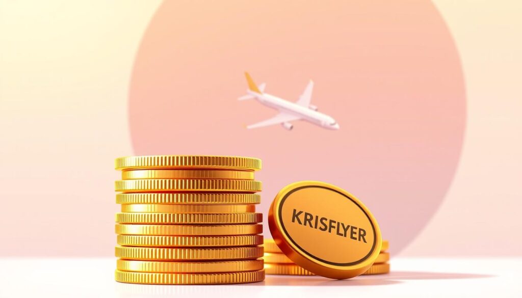 A high-resolution illustration of KrisFlyer airline miles, with a clean and minimalist design. In the foreground, a stack of golden, metallic KrisFlyer miles tokens, reflecting a warm, ambient lighting. In the middle ground, a sleek, modern airplane silhouette, hinting at the redemption of miles for travel. The background features a soft, gradient-based sky, evoking a sense of tranquility and the freedom of air travel. The overall composition conveys the value and utility of KrisFlyer miles, without any distracting elements or text.