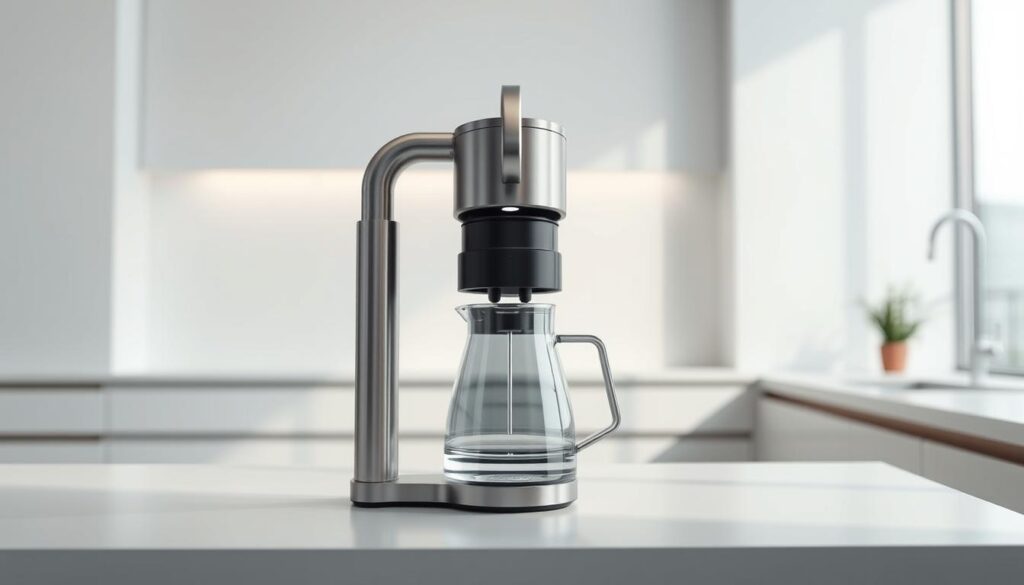 A high-tech CUCKOO Titan water filtration system, featuring a sleek and modern stainless steel design. The device stands prominently on a clean, white surface, with a clear glass carafe nestled beneath the spout. Soft, directional lighting casts subtle shadows, highlighting the system's intricate components and elegant lines. In the background, a minimalist, slightly blurred environment suggests a high-end kitchen or bathroom setting, conveying a sense of premium quality and attention to detail. The overall mood is one of sophistication, efficiency, and the promise of pure, filtered water.