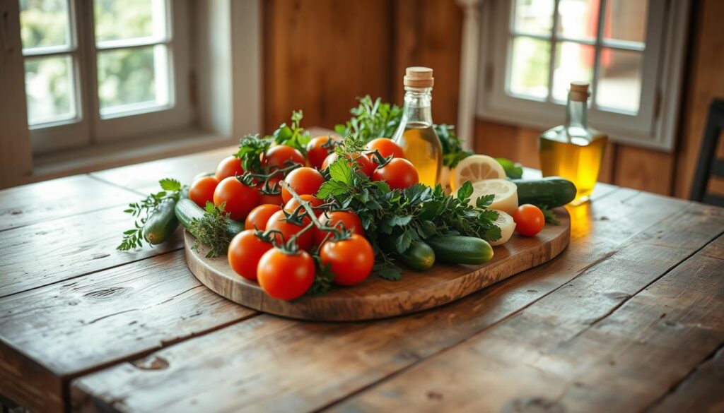 A large wooden table, its surface worn with time, is illuminated by natural light streaming through a nearby window. Atop the table, a carefully curated selection of authentic Greek ingredients - vibrant tomatoes, crisp cucumbers, fragrant herbs, and rich olive oil - are arranged in an artful, yet casual manner. The lighting is soft and diffused, casting a warm glow on the scene, emphasizing the fresh, high-quality produce. The overall composition conveys a sense of simplicity, quality, and attention to detail, reflecting the heart and soul of exceptional Greek cuisine.