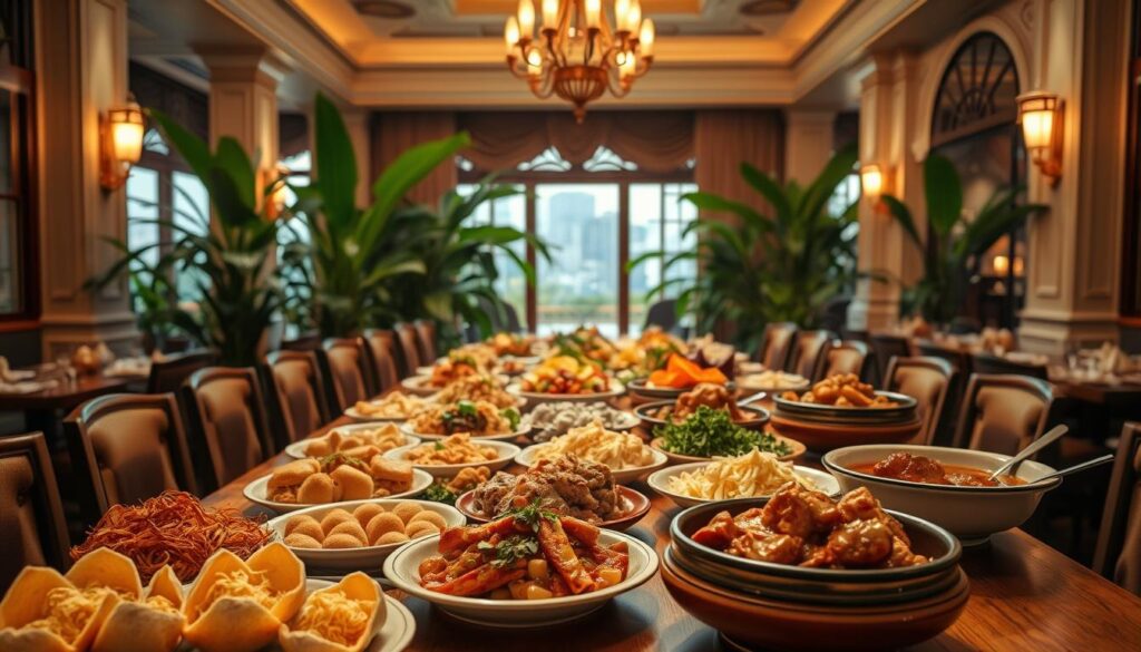 A lavish Peranakan feast unfolds on a long wooden table, illuminated by warm, diffuse lighting that casts a inviting glow. In the foreground, intricate, vibrantly-colored dishes brimming with exotic spices, herbs, and tropical ingredients take center stage. A sumptuous array of traditional Straits delicacies - from flaky, golden-brown kueh pie tee shells filled with a medley of shredded vegetables, to a glistening, aromatic rendang simmered to perfection. In the middle ground, lush tropical foliage frames the scene, while the background features an elegant, colonial-inspired interior with high ceilings, ornate architectural details, and a glimpse of the bustling city beyond. The overall atmosphere is one of refined sophistication and modern interpretation of beloved Peranakan culinary traditions.
