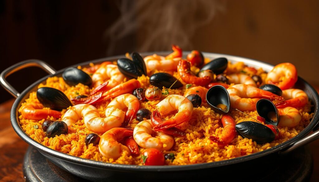 A lavish Spanish paella, brimming with succulent seafood and fragrant saffron-infused rice, set against a backdrop of warm, earthy tones. The dish is presented in a large, shallow pan, its vibrant colors and intricate arrangement capturing the essence of traditional Valencian cuisine. Soft, even lighting illuminates the scene, casting a gentle glow on the plump shrimp, tender mussels, and delicate calamari nestled among the saffron-tinged grains. The overall composition evokes a sense of refined elegance and culinary mastery, perfectly suited to illustrate the "Elevated Spanish Cuisine" offered at Olivia Restaurant and Lounge.