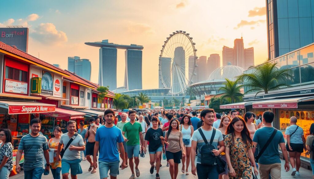 A lively, diverse crowd strolls through a vibrant Singaporean cityscape, showcasing the best time to visit for different travelers. In the foreground, a group of friends explore the colorful shophouses and bustling street markets, capturing the energy of the city. In the middle ground, a family takes in the impressive architecture of the Marina Bay Sands, the iconic hotel and entertainment complex. In the background, the iconic Singapore Flyer ferris wheel and the iconic skyline rise, bathed in warm, golden hour light. The scene conveys the cosmopolitan atmosphere, cultural richness, and year-round appeal of Singapore for a range of visitors.
