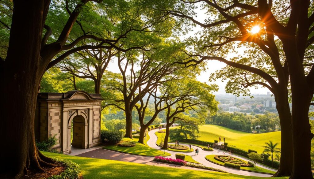 A lush, verdant oasis in the heart of the bustling city, Fort Canning Park is a serene haven of tranquility. The towering trees cast gentle shadows over the winding paths, leading visitors through a tapestry of historical landmarks and serene gardens. In the foreground, the iconic Fort Gate stands tall, its weathered stone façade a testament to the park's storied past. The middle ground showcases the park's rolling hills, dotted with vibrant flower beds and verdant lawns, inviting visitors to pause and soak in the peaceful ambiance. In the background, the city skyline rises, creating a harmonious blend of nature and urban landscape. Warm, golden sunlight filters through the canopy, bathing the scene in a soft, ethereal glow, capturing the essence of this historical sanctuary.