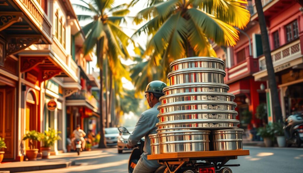 A lush, vibrant scene of a South Indian food delivery in Singapore. In the foreground, a delivery person on a motorbike carefully transports a stack of fragrant stainless steel tiffin boxes. The middle ground features a bustling street lined with colorful shophouses, their facades adorned with intricate carvings and vibrant hues. In the background, towering coconut palms sway gently in the warm tropical breeze. The warm, golden sunlight casts a soft, inviting glow, highlighting the aromatic spices and tempting textures of the South Indian delicacies. The overall atmosphere conveys a sense of authentic, family-owned tradition and mouthwatering culinary delight.
