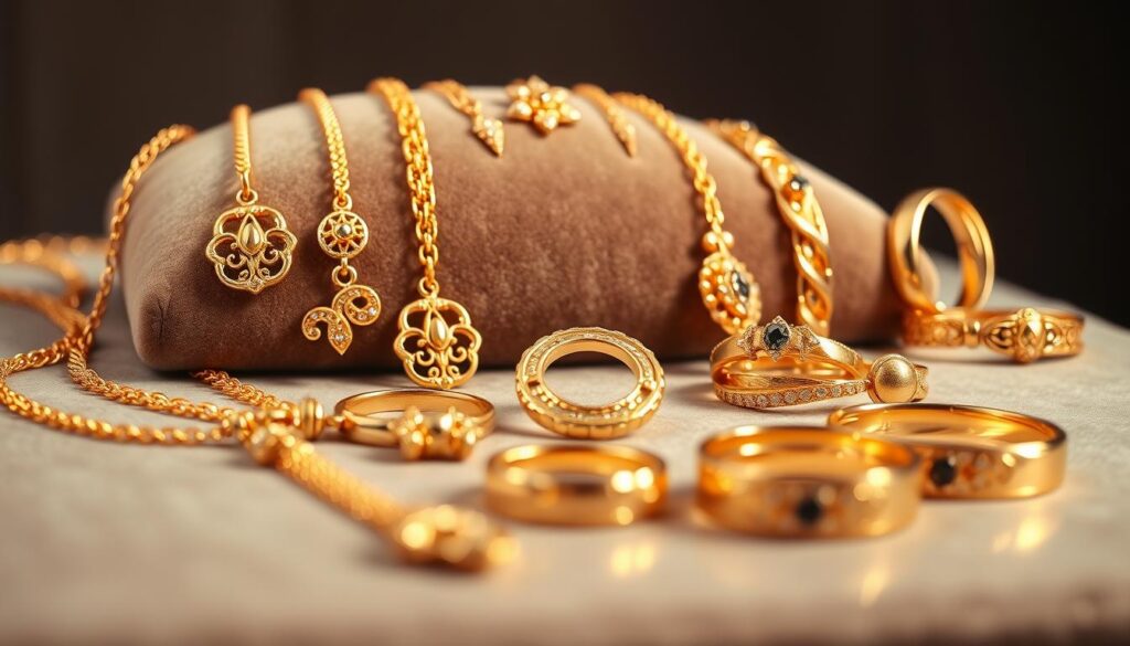 A luxurious display of gleaming gold jewelry, meticulously crafted with intricate details. Elegant necklaces, bracelets, and rings arranged on a velvet-lined surface, casting warm reflections under soft, directional lighting. The pieces exude a timeless elegance, hinting at their potential as a secure, long-term investment. In the background, a subtle, muted backdrop allows the jewelry to take center stage, emphasizing its inherent value and enduring beauty. Captured with a shallow depth of field, the image focuses the viewer's attention on the captivating allure of these precious gold treasures, a testament to their enduring appeal as a reliable investment.