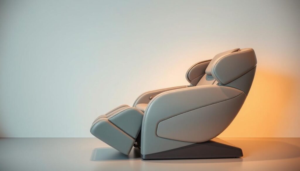 A luxurious massage chair set against a serene, minimalist backdrop. The chair features a sleek, modern design with plush, ergonomic cushions and a high-tech control panel. Soft, warm lighting casts a gentle glow, creating a soothing, spa-like ambiance. The chair's reclined position, along with the detailed, textured upholstery, suggests the deep tissue relief it provides. The scene is captured from a slightly elevated angle, showcasing the chair's elegant lines and premium materials. The overall atmosphere evokes a sense of relaxation and rejuvenation, perfectly complementing the section's focus on the Shuyawa S-Tronomia Luxury Massage Chair.