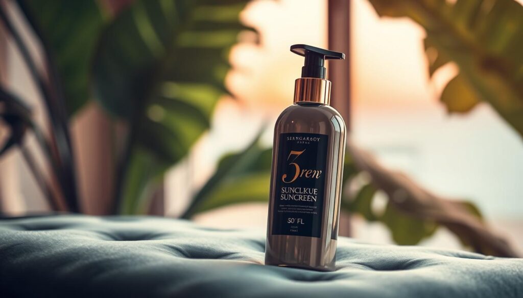 A luxurious sunscreen bottle rests elegantly on a plush velvet surface, its sleek glass container catching the soft, warm light that filters through a window. The bottle's label exudes an air of exclusivity, featuring gold foil accents and a sophisticated design. In the background, blurred shapes of lush tropical foliage provide a lush, natural backdrop, evoking a sense of a secluded, high-end resort. The overall composition is refined, sophisticated, and visually captivating, reflecting the premium, indulgent nature of this luxury sunscreen product.