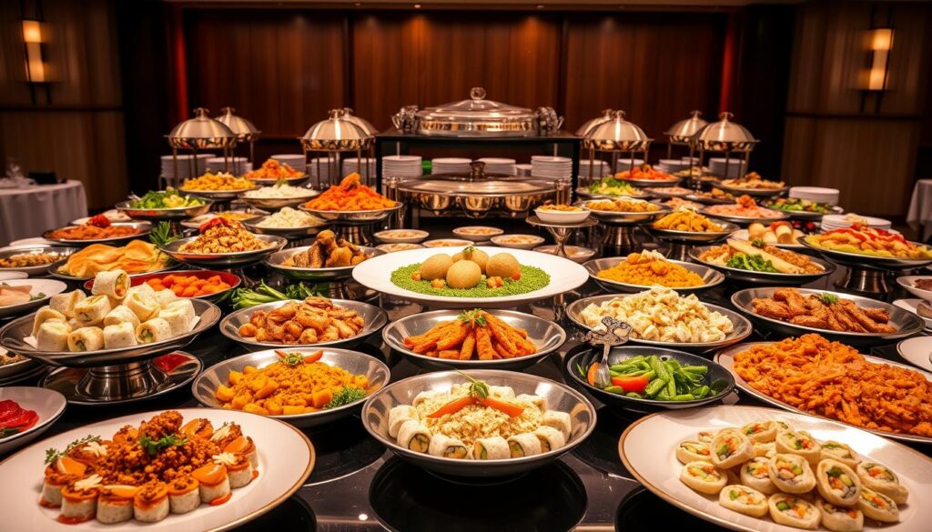 A magnificent dinner buffet spread, with an array of exquisitely presented dishes. In the foreground, gleaming plates and bowls showcase a diverse selection of cuisines - from delicate sushi rolls and fragrant curries, to succulent roasted meats and vibrant salads. The middle ground features elegant serving platters, their surfaces shimmering under warm, inviting lighting. In the background, a backdrop of polished wood and crisp white linen evokes a sense of refinement and sophistication. The overall composition exudes an atmosphere of culinary excellence, enticing the senses and promising an unforgettable dining experience.