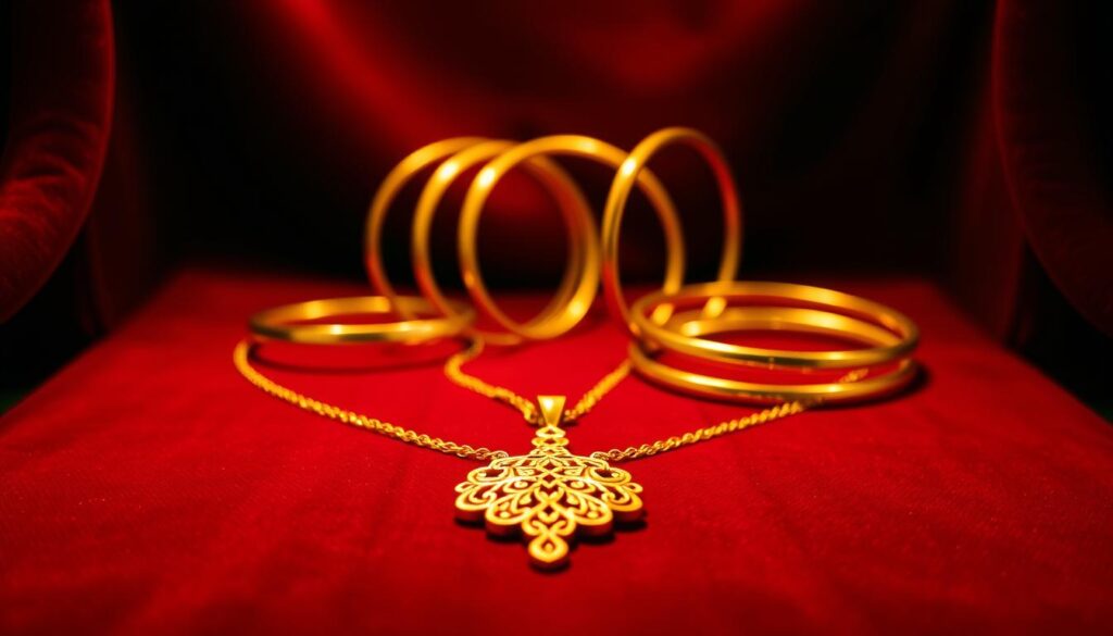 A magnificent display of 999 pure gold jewelry, expertly crafted and meticulously arranged on a plush, deep red velvet backdrop. In the foreground, an elegant necklace with a intricate filigree pendant, its surface gleaming under warm, focused lighting, casting a rich, golden glow. In the middle ground, a selection of delicate, bangle bracelets, their smooth curves catching the light and reflecting it back with a mesmerizing brilliance. The background subtly recedes, allowing the jewelry to take center stage, creating an air of luxury and exclusivity. The overall composition exudes a sense of sophistication and timeless elegance, perfectly capturing the essence of a premier gold jewelry destination.