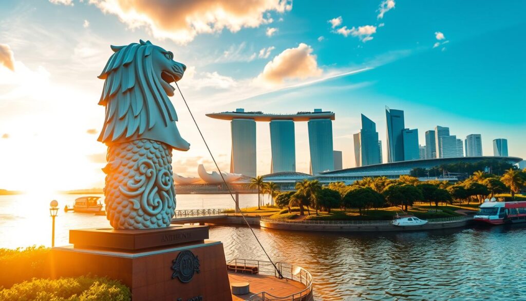A magnificent merlion statue, the iconic symbol of Singapore, stands tall against a breathtaking backdrop. The mythical creature, with the head of a lion and the body of a fish, is depicted in intricate detail, its gaze fixed on the horizon. The foreground is bathed in warm, golden sunlight, creating a serene and inviting atmosphere. In the middle ground, lush greenery and tranquil waters surround the merlion, reflecting its majestic presence. The background features the stunning Marina Bay skyline, showcasing the city's modern architecture in harmony with the timeless symbol. The image is captured through a wide-angle lens, providing a grand and immersive perspective, conveying the grandeur and significance of this iconic landmark within the vibrant city of Singapore.
