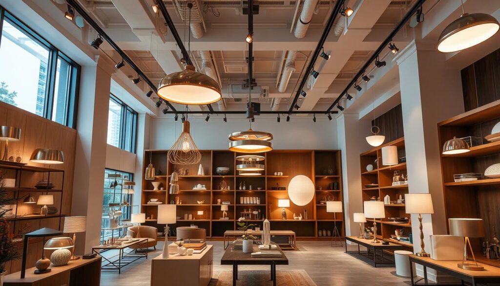 A meticulously designed and curated showroom showcasing the latest lighting trends in Singapore. Ambient track lighting artfully illuminates a variety of contemporary pendant lamps, sleek recessed fixtures, and minimalist table lamps in warm neutrals and metallic accents. Strategically placed floor-to-ceiling windows allow natural light to filter in, creating a harmonious interplay of natural and artificial illumination. The space exudes a refined, modern aesthetic with clean lines, gentle curves, and a sophisticated color palette. Carefully positioned vignettes highlight the versatility and visual appeal of these cutting-edge lighting solutions, inspiring visitors to elevate their living and working spaces. A meticulously designed and curated showroom showcasing the latest lighting trends in Singapore. Ambient track lighting artfully illuminates a variety of contemporary pendant lamps, sleek recessed fixtures, and minimalist table lamps in warm neutrals and metallic accents. Strategically placed floor-to-ceiling windows allow natural light to filter in, creating a harmonious interplay of natural and artificial illumination. The space exudes a refined, modern aesthetic with clean lines, gentle curves, and a sophisticated color palette. Carefully positioned vignettes highlight the versatility and visual appeal of these cutting-edge lighting solutions, inspiring visitors to elevate their living and working spaces.