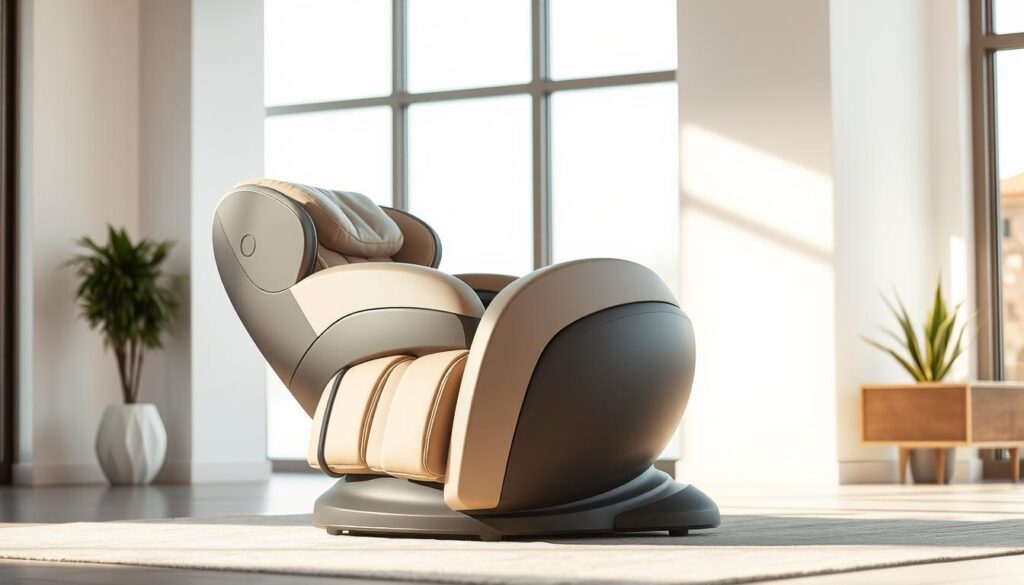 A mid-range massage chair with a sleek, modern design, placed in a serene, well-lit living room. The chair features a plush, supportive cushion in a neutral tone that complements the minimalist decor. Soft, diffused lighting casts a warm glow, creating a relaxing ambiance. The chair is positioned at a slight angle, inviting the viewer to imagine sinking into its comfortable embrace. The background showcases clean, contemporary architecture with large windows that allow natural light to flood the space. The overall scene evokes a sense of tranquility and rejuvenation, highlighting the chair's ability to provide a premium massage experience in a comfortable, home-like setting.