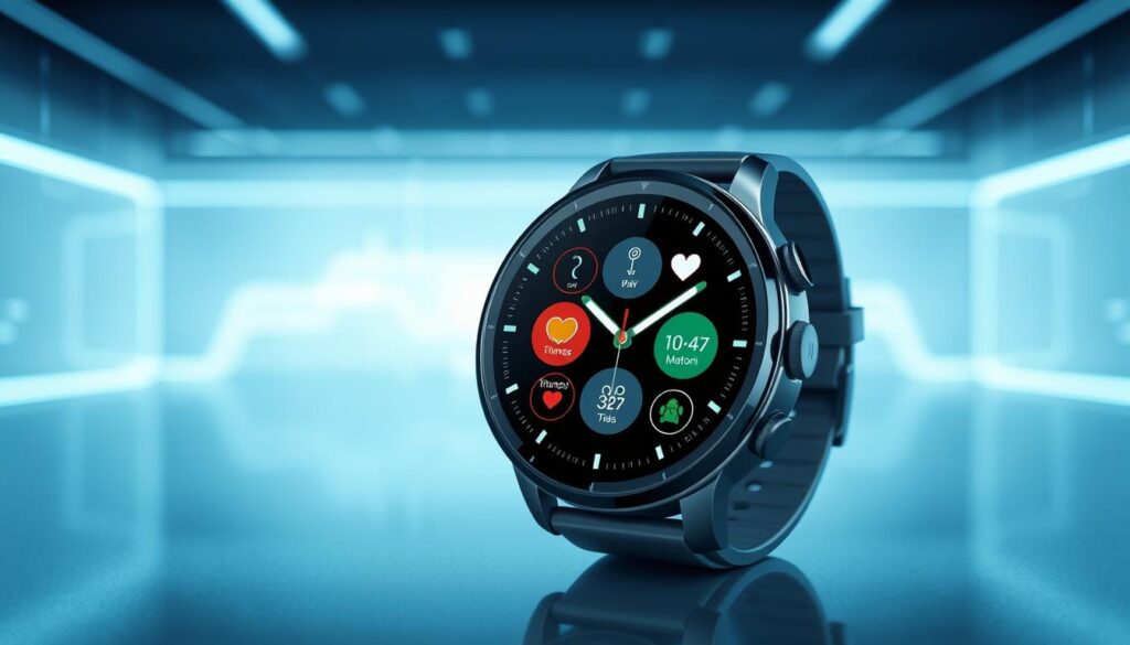 A modern and sleek smartwatch with a large, high-resolution OLED display showcasing a variety of advanced features. The watch face presents fitness tracking data, heart rate monitoring, and smart notification icons in a clean, intuitive interface. In the background, a minimalist futuristic setting with holographic elements and soft blue lighting creates a sense of technological sophistication. The smartwatch is depicted from a slightly elevated, three-quarter angle to highlight its premium design and state-of-the-art functionality, perfectly suited for the discerning tech-savvy consumer.