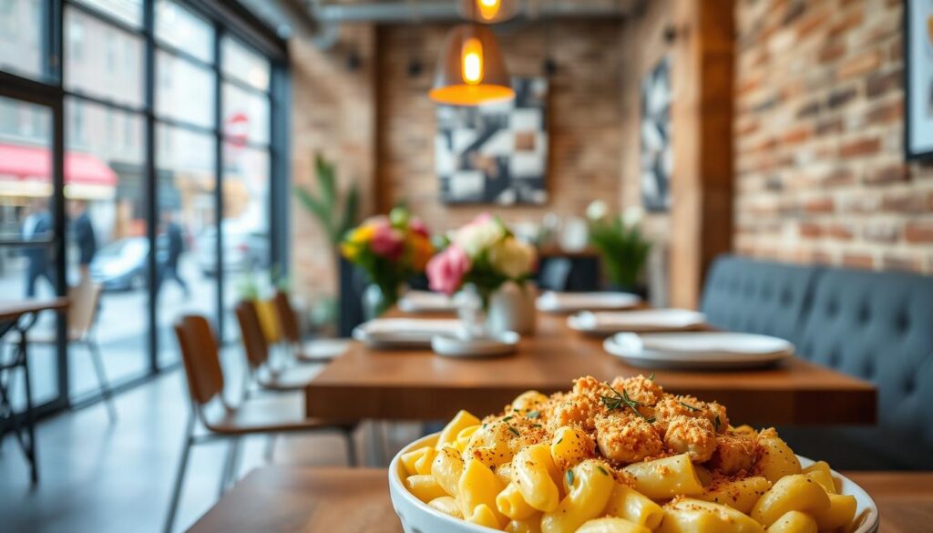A modern, cozy interior with a mix of industrial and natural elements. In the foreground, a creamy, decadent mac and cheese dish, topped with a crispy panko crust and sprinkled with herbs. The middle ground features a wooden table, set with minimalist tableware and a vase of fresh flowers. The background showcases exposed brick walls, warm pendant lighting, and a large window overlooking a bustling city street. The atmosphere is inviting, with a blend of comfort and sophistication, reflecting a contemporary take on a classic comfort food.