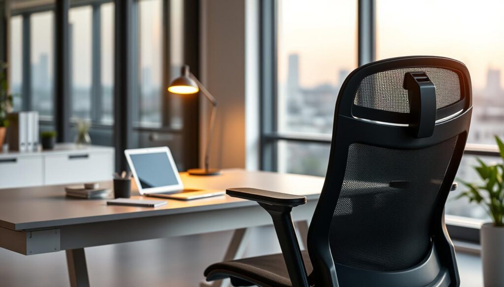 A modern, ergonomic office scene featuring the Ergotune office chair. In the foreground, the sleek, adjustable chair with lumbar support and breathable mesh backrest takes center stage. The middle ground showcases a minimalist, well-organized desk with a laptop, stationery, and a stylish desk lamp casting warm, directional lighting. In the background, large windows overlook a serene urban landscape, allowing natural light to fill the space. The overall atmosphere is one of productivity, comfort, and efficiency, perfectly capturing the ethos of the Ergotune chair.