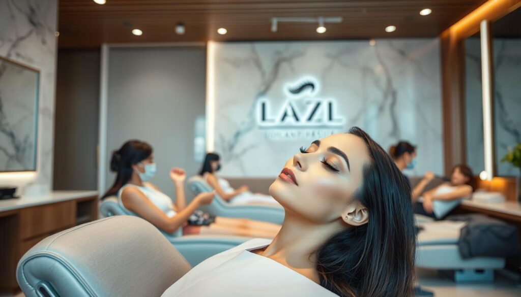 A modern, high-end lash salon in Singapore featuring sleek, minimalist interior design with soft lighting, marble accents, and natural wood tones. In the foreground, a beautiful woman with flawless skin and long, luscious lashes sits in a comfortable reclining chair, her eyes closed as a lash artist carefully applies individual lash extensions. In the middle ground, other clients receive personalized lash treatments in a serene, relaxing atmosphere. The background showcases the salon's branding and logo, giving a sense of professionalism and expertise.