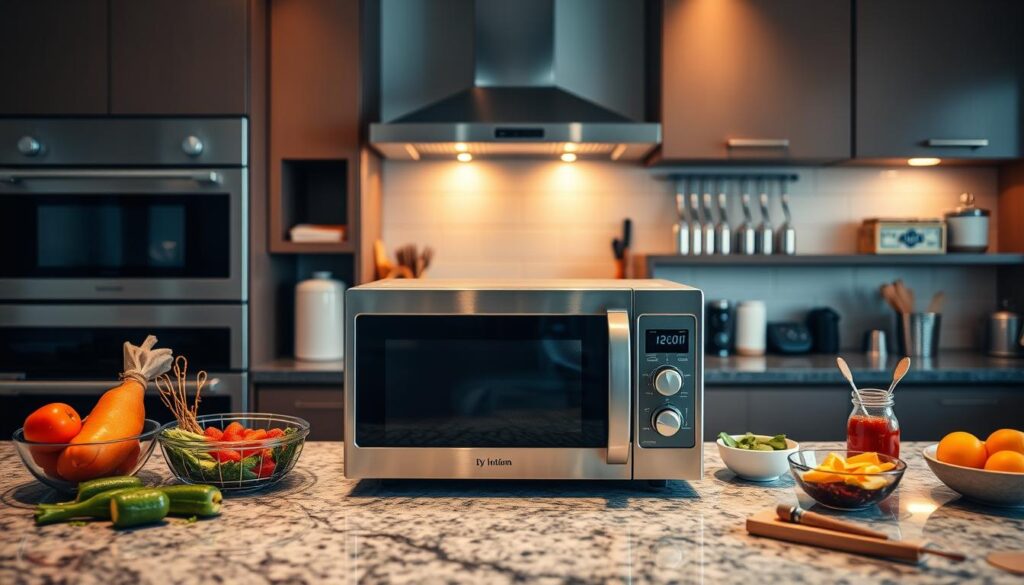 A modern kitchen interior with sleek appliances, warm lighting, and a central focus on a stainless steel microwave oven placed on a granite countertop. The microwave is highlighted, surrounded by various cooking ingredients and utensils, conveying a sense of thoughtful consideration in the selection process. The image should be captured from a slightly elevated angle, providing a clear, unobstructed view of the scene. The overall mood is one of culinary sophistication, where the microwave oven takes center stage as a crucial element in the kitchen's functionality and design.
