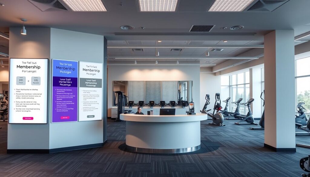 A modern, minimalist fitness center interior with a clean, welcoming ambiance. In the foreground, various membership packages are displayed on elegant, backlit panels, highlighting the different tiers and their corresponding features. The middle ground features a sleek, curved reception desk where potential members can inquire about and sign up for their desired plan. The background showcases the gym's state-of-the-art equipment and facilities, including a well-lit workout area and a tranquil lounge space. The lighting is soft and natural, creating a calm and inviting atmosphere. The overall composition emphasizes the seamless integration of the membership options with the broader Anytime Fitness experience.