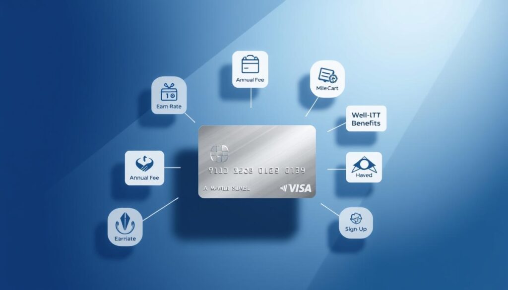 A modern, minimalist illustration depicting the key factors to consider when choosing an AirMiles credit card. A sleek metallic credit card takes center stage, surrounded by floating icons representing various factors such as annual fee, earn rate, miles expiration, travel benefits, and sign-up bonuses. The background features a subtle geometric pattern in shades of blue and gray, conveying a sense of sophistication. Soft, directional lighting casts subtle shadows, adding depth and dimension to the composition. The overall mood is clean, elegant, and focused, guiding the viewer's attention to the essential elements of selecting an optimal AirMiles credit card.