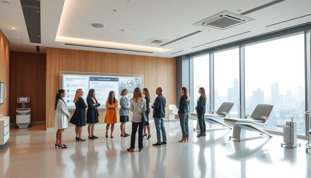 A modern, minimalist medical facility with a warm, welcoming atmosphere. In the foreground, a group of diverse women in professional attire gather around a holographic display, discussing personalized healthcare options. The middle ground features sleek, ergonomic examination rooms with state-of-the-art equipment. In the background, a panoramic view of the Singapore skyline through large, floor-to-ceiling windows, bathed in soft, natural lighting. The overall impression is one of trust, expertise, and a commitment to comprehensive women's health solutions. A modern, minimalist medical facility with a warm, welcoming atmosphere. In the foreground, a group of diverse women in professional attire gather around a holographic display, discussing personalized healthcare options. The middle ground features sleek, ergonomic examination rooms with state-of-the-art equipment. In the background, a panoramic view of the Singapore skyline through large, floor-to-ceiling windows, bathed in soft, natural lighting. The overall impression is one of trust, expertise, and a commitment to comprehensive women's health solutions.