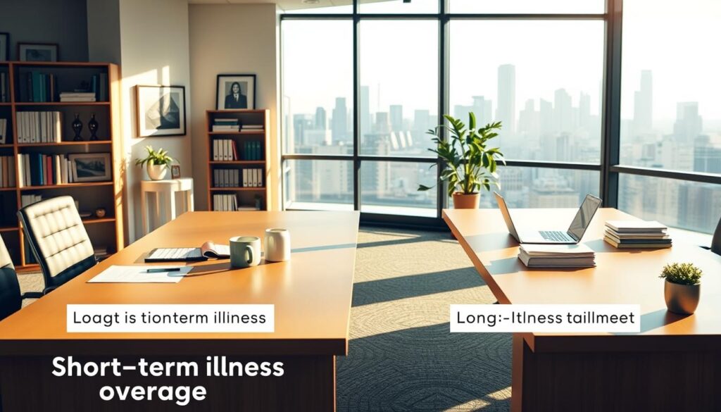 A modern office interior, with a large window overlooking a city skyline. In the foreground, two side-by-side desks, one labeled "Short-Term Illness Coverage" and the other "Long-Term Illness Coverage". On the short-term desk, a laptop, a few files, and a mug of coffee, conveying a sense of immediacy and responsiveness. On the long-term desk, a laptop, a stack of documents, and a potted plant, suggesting a more measured, long-term approach. The lighting is bright and natural, with warm tones and soft shadows, creating a professional yet welcoming atmosphere. The background features a bookshelf, a few framed artworks, and a door leading to a conference room, hinting at the broader context of insurance and healthcare.