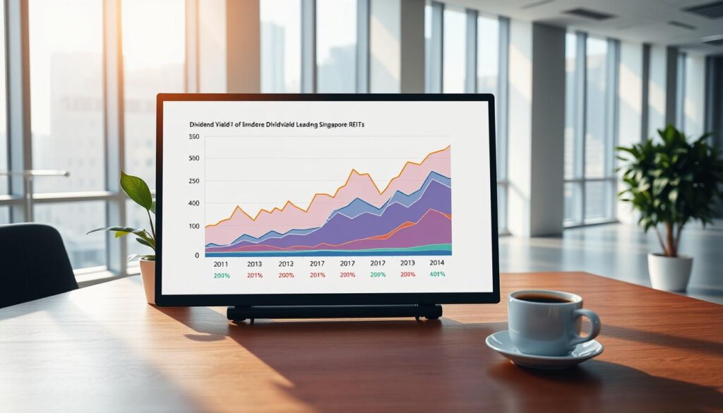 A modern office interior with natural lighting cascading through large windows, illuminating a wooden desk. On the desk, a chart display shows the dividend yield of several leading Singapore REITs, represented by colorful line graphs and numerical data. A potted plant and a cup of coffee add a touch of warmth to the scene. The atmosphere conveys a sense of professionalism and financial analysis, reflecting the importance of dividend yield in evaluating the performance of these investment vehicles.