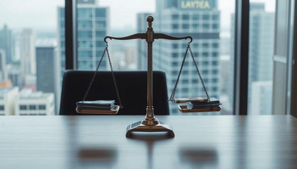 A modern office setting with a pair of scales on a wooden desk, symbolizing the financial costs of divorce. The scales are balanced, with stacks of currency on each side, suggesting the delicate balance of divorce proceedings. The background features a window overlooking a bustling city, hinting at the complex legal and financial landscape. Soft, diffused lighting casts a contemplative mood, drawing the viewer's attention to the central focus of the scales. The overall composition conveys the gravity and careful consideration required when navigating the financial aspects of a divorce.