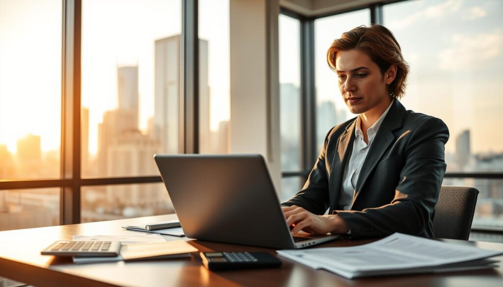 A modern office setting with a professional-looking person sitting at a desk, focused on their laptop. In the background, a large window offers a scenic city skyline view, bathed in warm, golden sunlight. On the desk, various financial documents and a calculator are neatly arranged, symbolizing the financial planning and protection aspects of disability income insurance. The person's expression conveys a sense of security and confidence, reflecting the peace of mind provided by a comprehensive disability policy. The scene is captured with a shallow depth of field, emphasizing the subject and creating a visually striking, aspirational image.