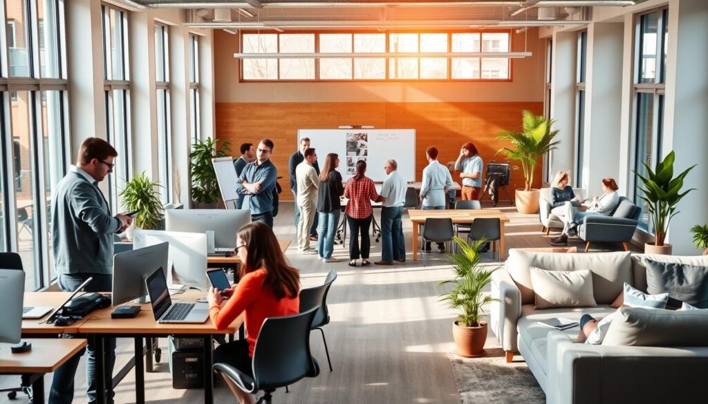 A modern open-plan office with warm, natural lighting streaming through large windows. In the foreground, young professionals collaborate at standing desks, digital devices in hand. In the middle ground, a diverse team engages in a lively discussion around a conference table, white boards behind them. In the background, a breakout area with comfortable lounge furniture and potted greenery, employees relaxing and networking. The atmosphere is one of productivity, creativity, and a sense of community - reflecting the evolving workplace trends that attract today's top talent.